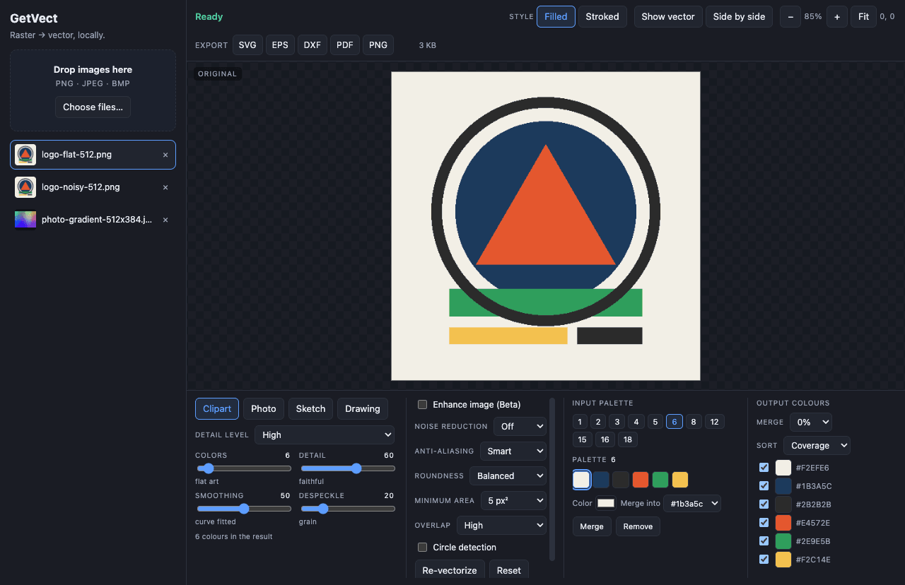 The input palette panel: candidate palette sizes listed as selectable rows of swatches, with the palette editor open below showing individual colours that can be recoloured, merged or removed