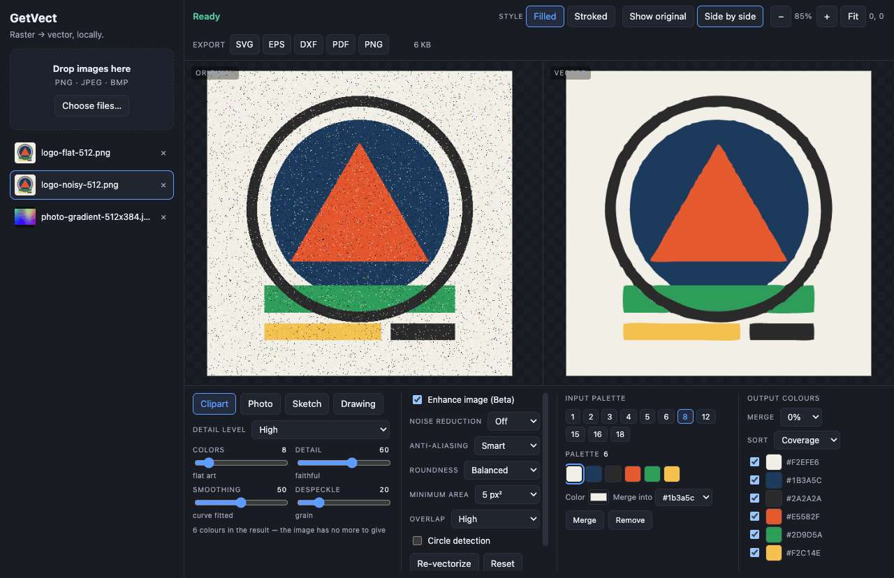 The GetVect app: a noisy source raster in the left pane, the cleaned vector result in the right pane, and the full settings panel below with preset, palette, quality and advanced controls