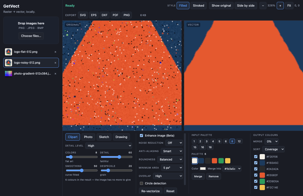 Both preview panes zoomed to the same crop: the source raster on the left showing speckle and stair-stepped edges, the traced vector on the right showing clean flat colour and smooth outlines